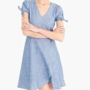 J Crew chambray denim faux wrap dress puff sleeve ruffle 6